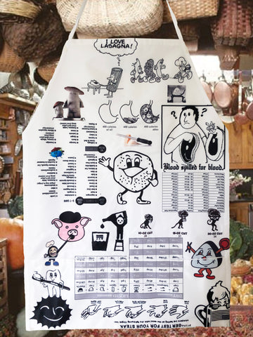 Digitally printed white apron with black graphic images featuring useful kitchen conversions set against a background photo from Martha Stewart's Kitchen