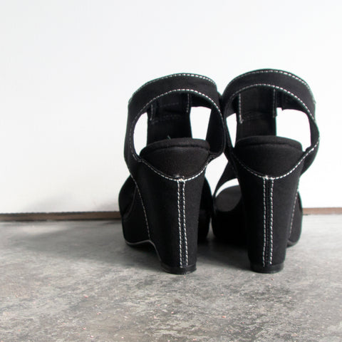Slow and Steady Wins the Race: Black with White Stitching Heeled Wedge Sandal