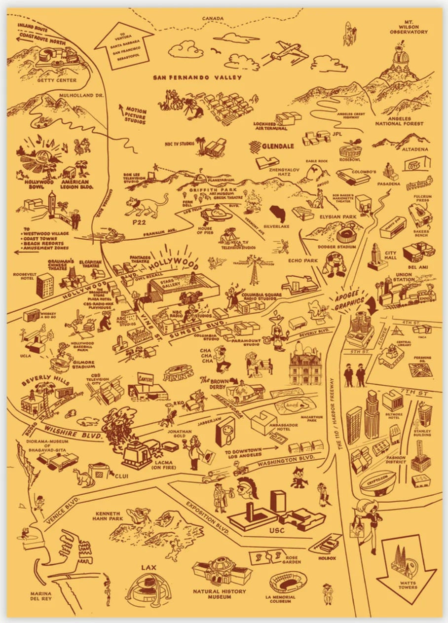 Apogee Graphics: Los Angeles Map "Brown Derby" Postcard