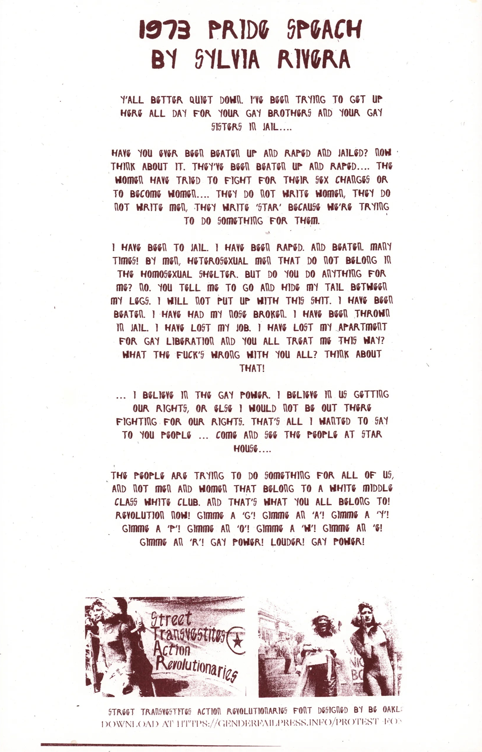 1973 Sylvia Rivera Pride Speech Poster