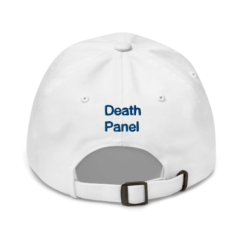 Back view of plain white cotton baseball cap with metal adjustable buckle in back, and Blue sans-serif embroidered words above the hole reading "Death" on the first line and "Panel" on the second line